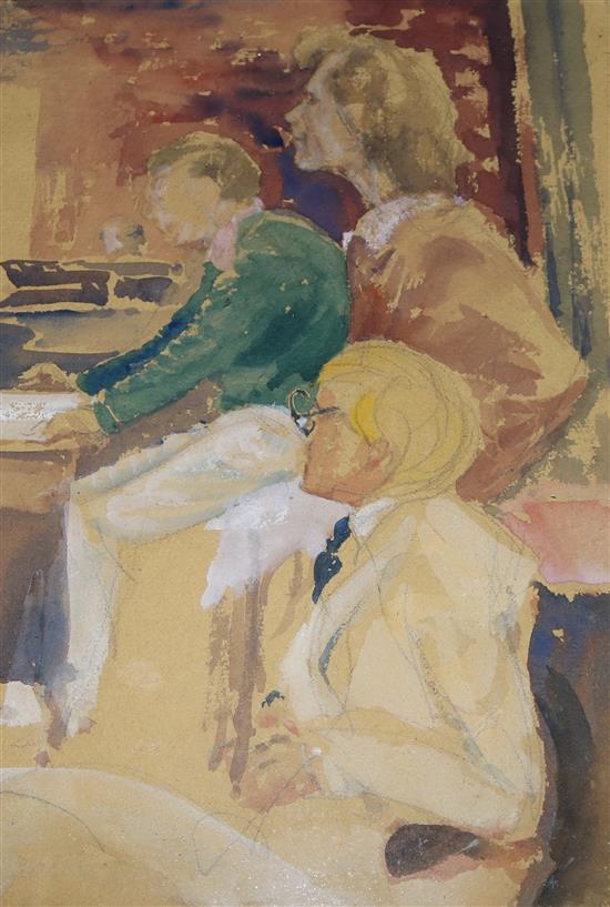 Watercolour of David Hockney Rake rehearsal 1975